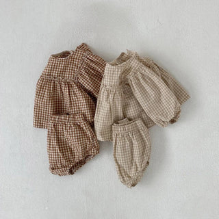 Plaid Balloon Sleeve Linen Bloomer Set