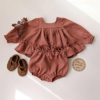 Ruffle Long Sleeve Cotton Dress Bloomer Set - RYAN AND REMI