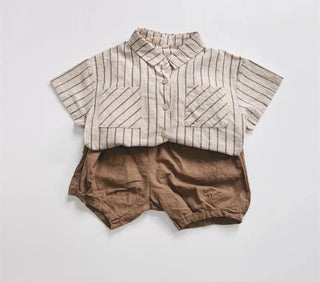 Boys Striped Cotton Linen Shorts Set