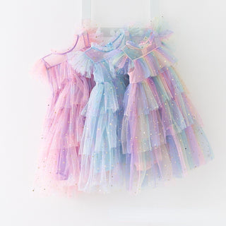 Tulle Fly Sleeve Rainbow Star Sequined Dress - RYAN AND REMI