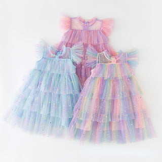 Tulle Fly Sleeve Rainbow Star Sequined Dress - RYAN AND REMI