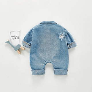 Distress Denim Jumpsuit Long Sleeve Overalls Romper - RYAN AND REMI