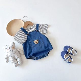 Teddy Bear Denim Jumpsuit with Striped Top Set - RYAN AND REMI