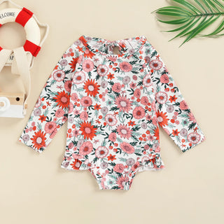 Baby Girls Heart Flower Print Long Sleeve Ruffle Bathing Swimsuit - RYAN AND REMI