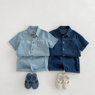 Solid Button Up Denim Shorts Set - RYAN AND REMI