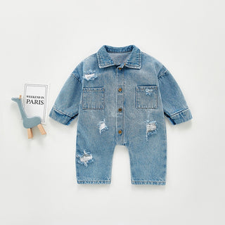 Distress Denim Jumpsuit Long Sleeve Overalls Romper - RYAN AND REMI