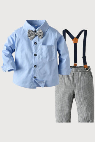 Long Sleeve Bow Tie Suspender Pants Set - RYAN AND REMI