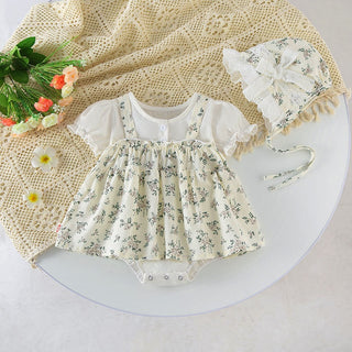 3 Pcs Floral Vintage Romper With Hat Set - RYAN AND REMI