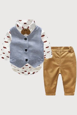 Fox Print Long Sleeve Shirt, Vest and Pants Bowtie Set - RYAN AND REMI